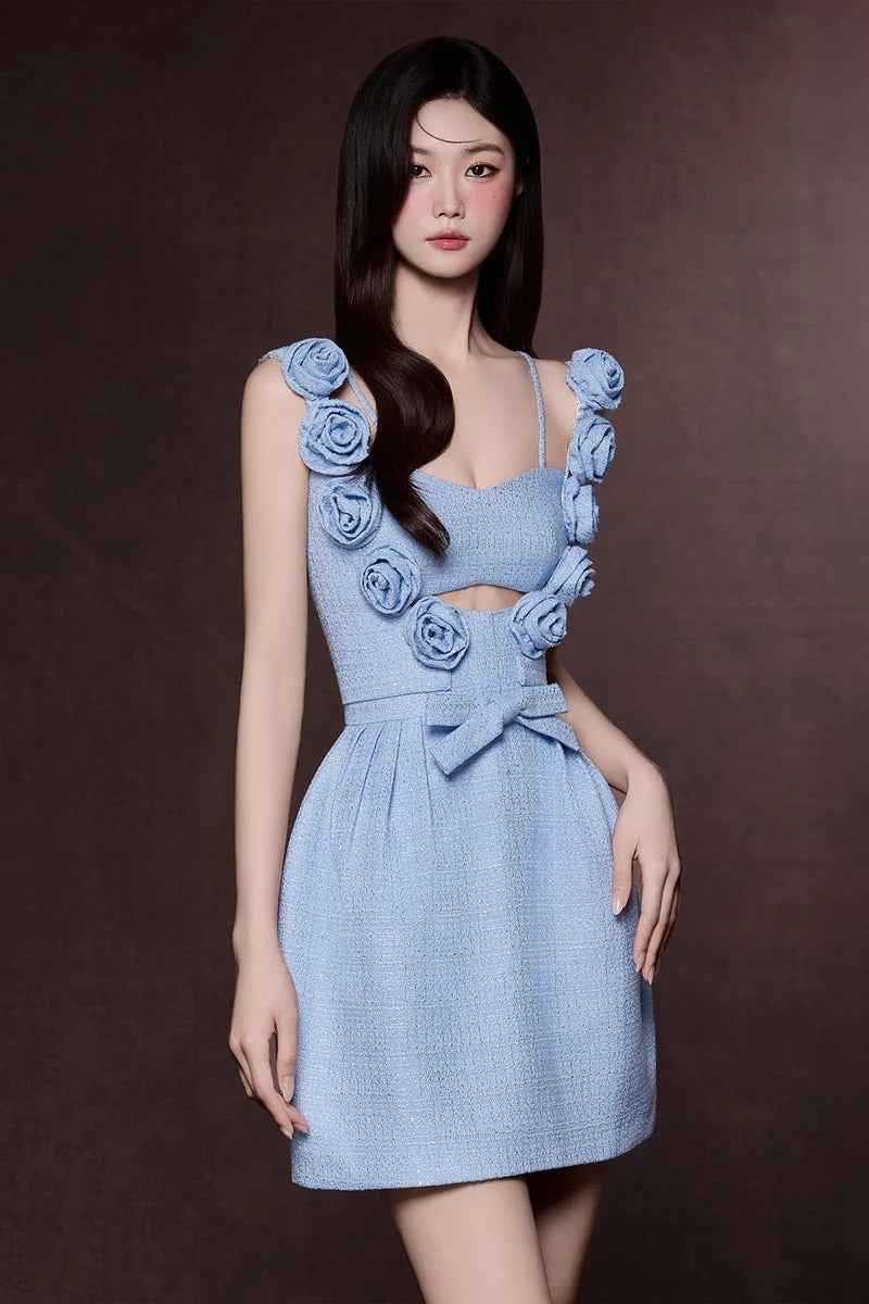 chaya Pastel Blue 3d flower Ribbon Mini Dress