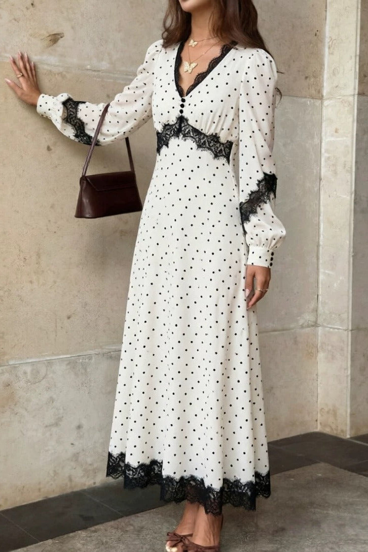 Vintage Polka Dot Lace Trim Maxi Dress Premium Fabric - product view 2