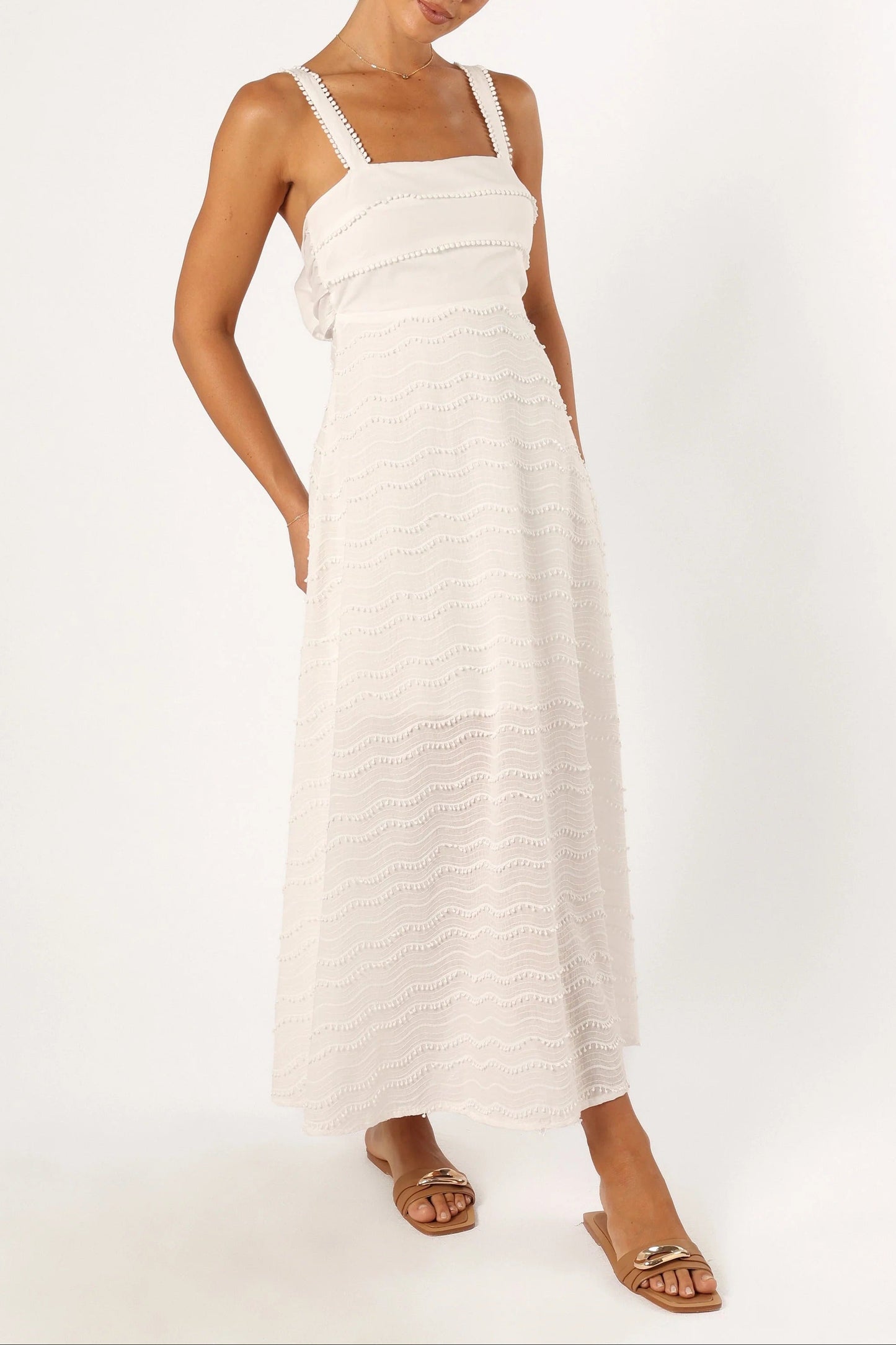 Pom Pom Trim Back Bow Midi Sundress