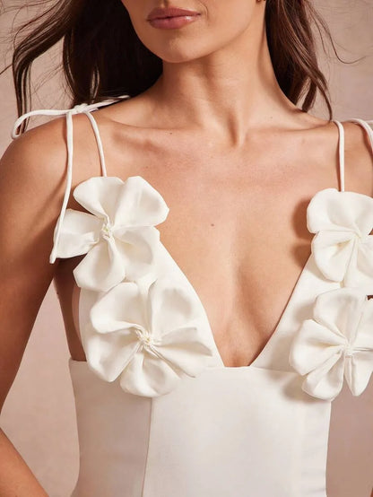 White Ruffled Mini Dress with Floral Shoulder Details Premium Fabric - product view 3