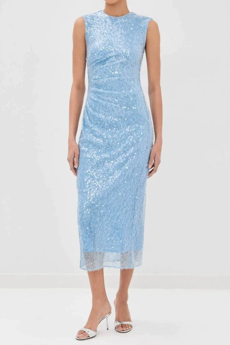 Light Blue Sequin Midi Dress Sleeveless High Neck Premium Fabric - product view 1
