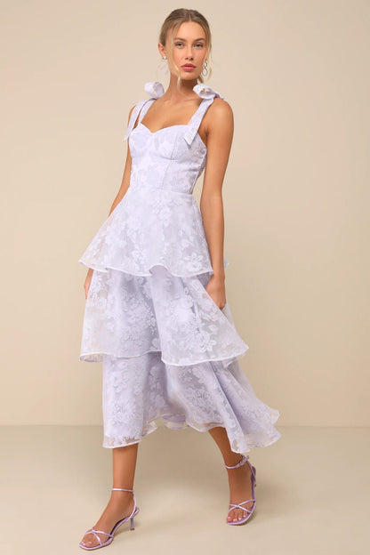 Lavender Floral Jacquard Burnout Tie-Strap Bustier Midi Dress