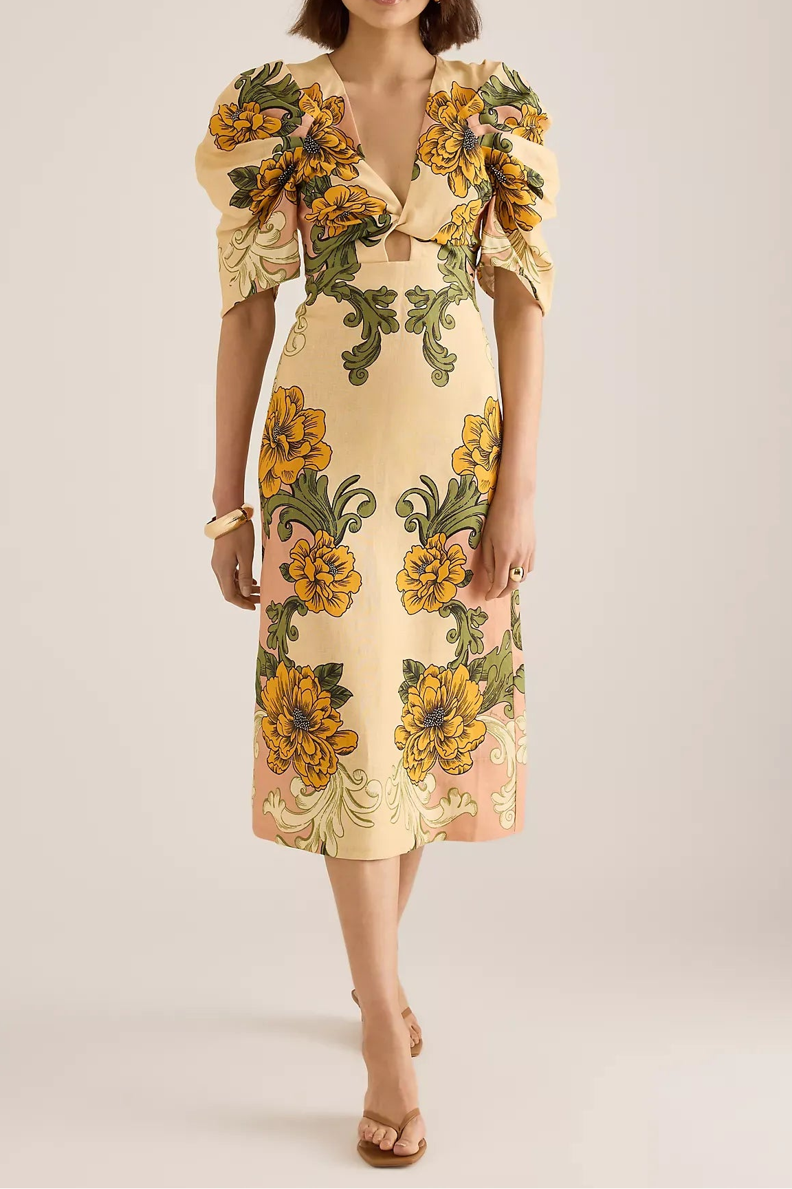 Vintage Floral Puff Sleeve Delicate Flower Linen Midi Dress
