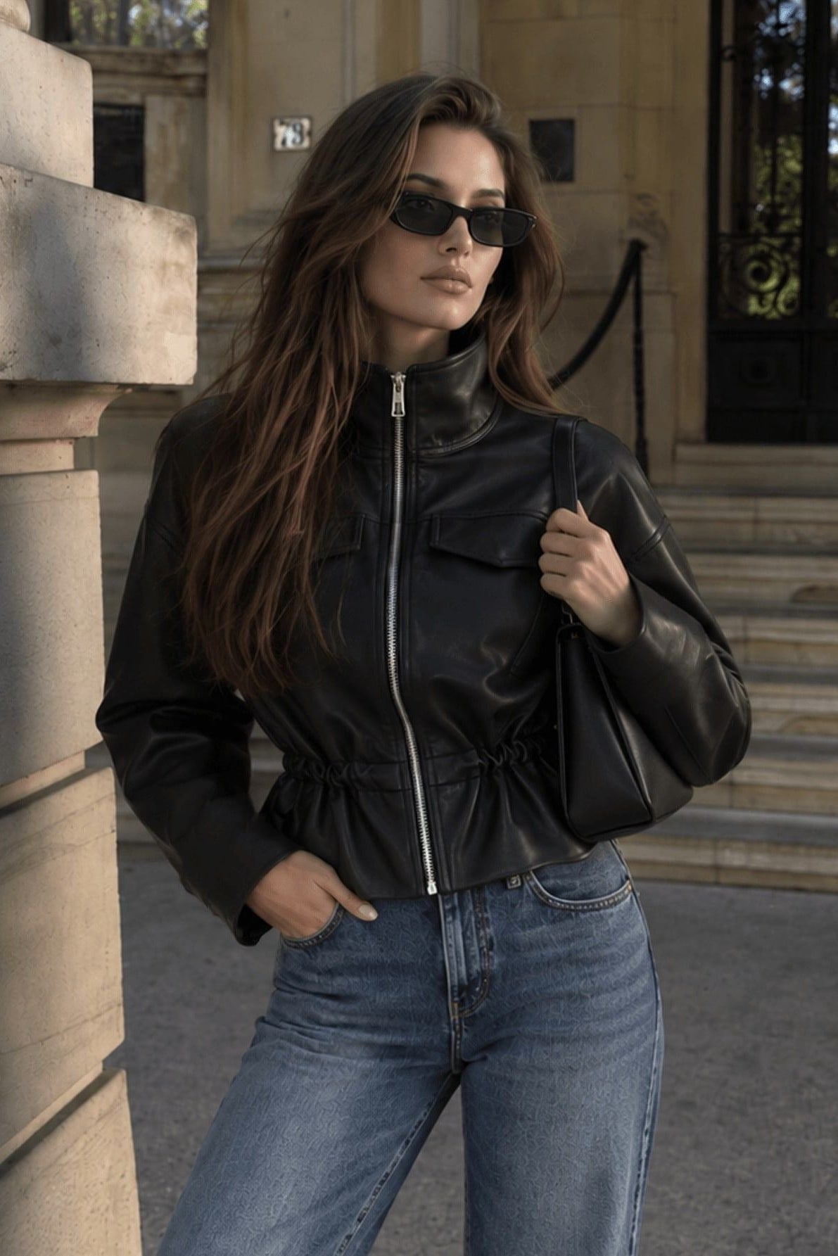 Black Ruched-Waist PU Pilot Jacket Premium Fabric - product view 1
