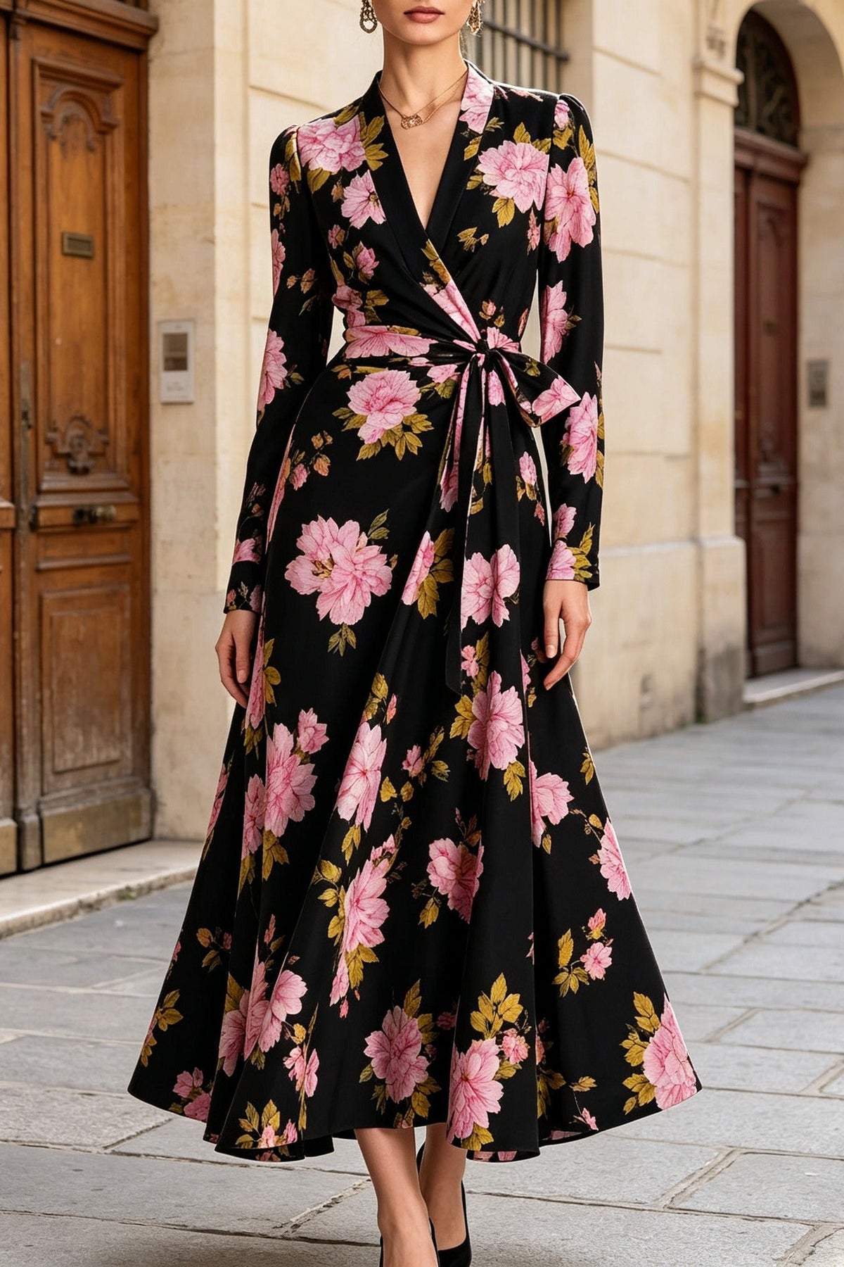 V-Neck Long Sleeve Floral Wrap Maxi Dress Premium Fabric - product view 3