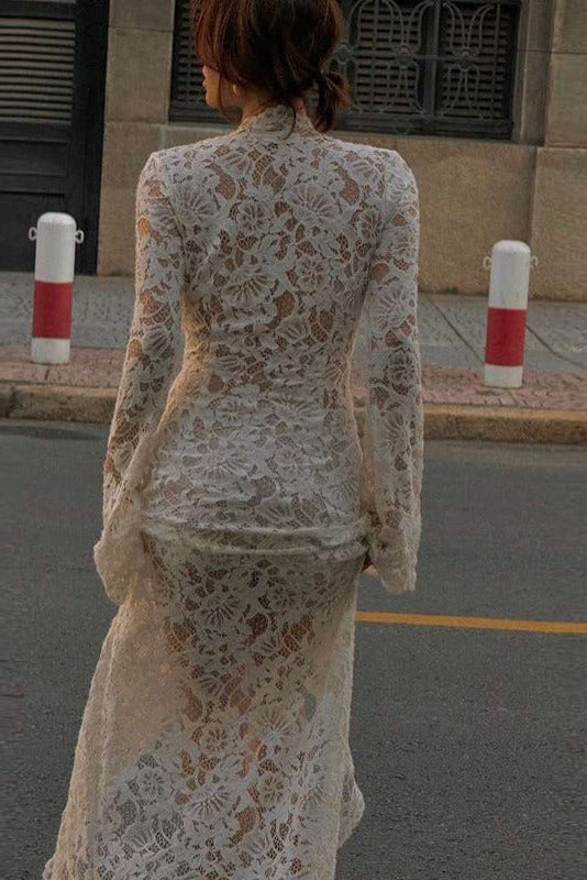 Lace Deep V-Neck Lace-Up Bodycon Dress with Bell Sleeves & High Slit Premium Fabric - product view 5