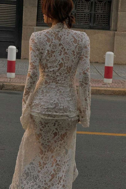 Lace Deep V-Neck Lace-Up Bodycon Dress with Bell Sleeves & High Slit Premium Fabric - product view 5