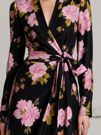V-Neck Long Sleeve Floral Wrap Maxi Dress Premium Fabric - product view 2