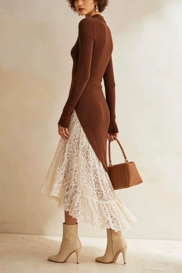 Asymmetric Knit and Lace Midi Dress Premium Fabric - product view 3