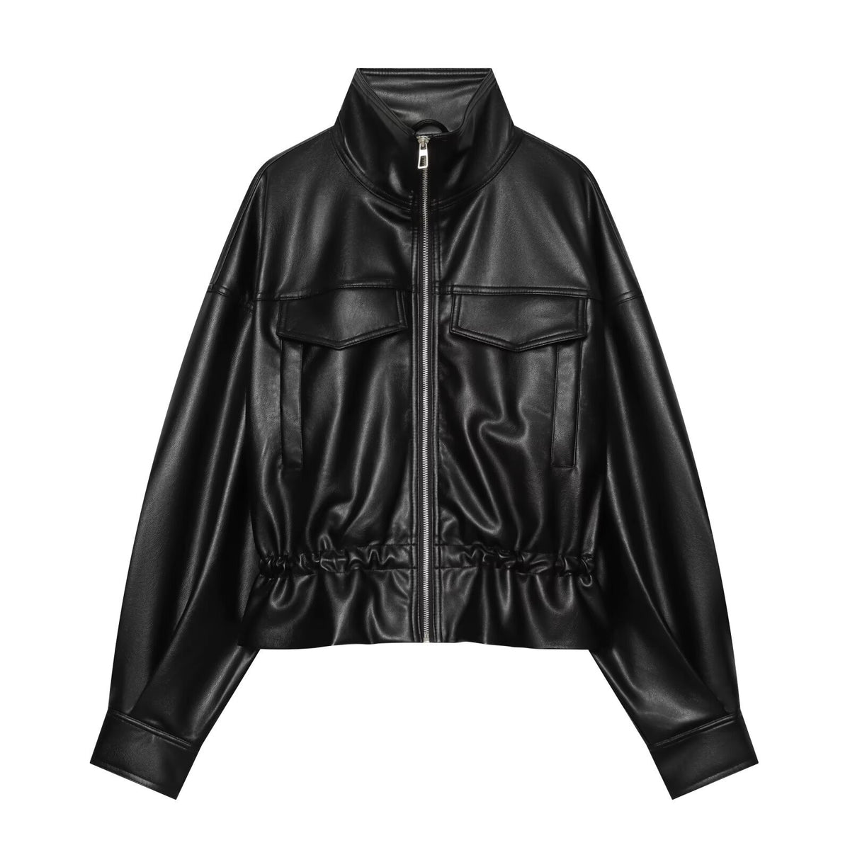Black Ruched-Waist PU Pilot Jacket Premium Fabric - product view 2