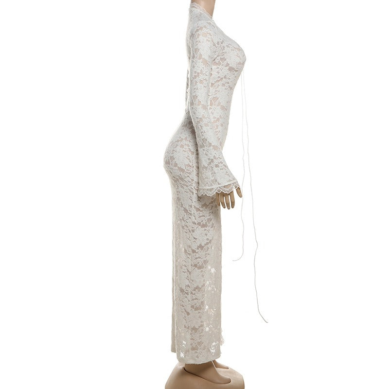 Lace Deep V-Neck Lace-Up Bodycon Dress with Bell Sleeves & High Slit Premium Fabric - product view 7