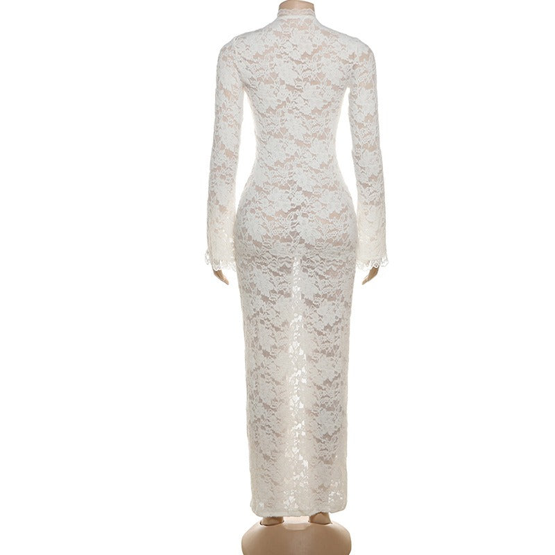 Lace Deep V-Neck Lace-Up Bodycon Dress with Bell Sleeves & High Slit Premium Fabric - product view 2