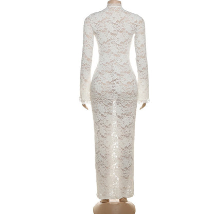 Lace Deep V-Neck Lace-Up Bodycon Dress with Bell Sleeves & High Slit Premium Fabric - product view 2