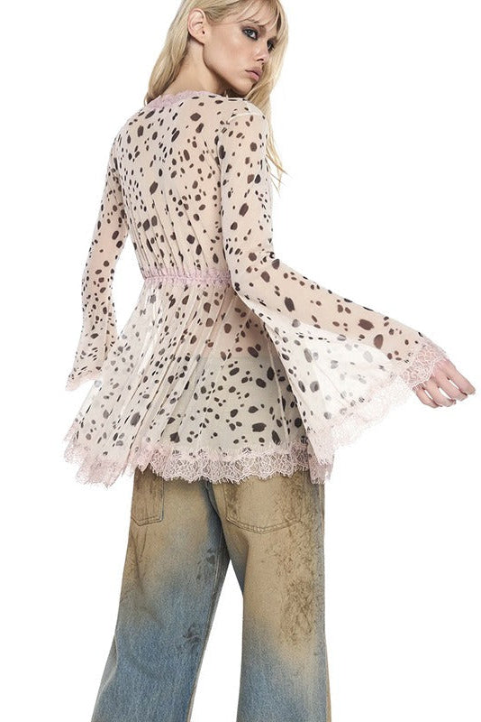 Spotted Lace-Trim Mesh Long Sleeve Top Premium Fabric - product view 4