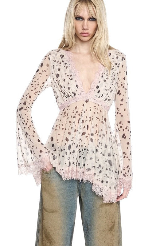 Spotted Lace-Trim Mesh Long Sleeve Top Premium Fabric - product view 3