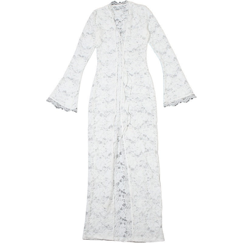 Lace Deep V-Neck Lace-Up Bodycon Dress with Bell Sleeves & High Slit Premium Fabric - product view 6