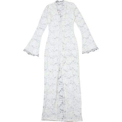Lace Deep V-Neck Lace-Up Bodycon Dress with Bell Sleeves & High Slit Premium Fabric - product view 6
