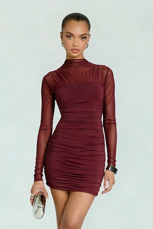 Burgundy Mesh Long-Sleeve Ruched Mini Dress Premium Fabric - product view 1