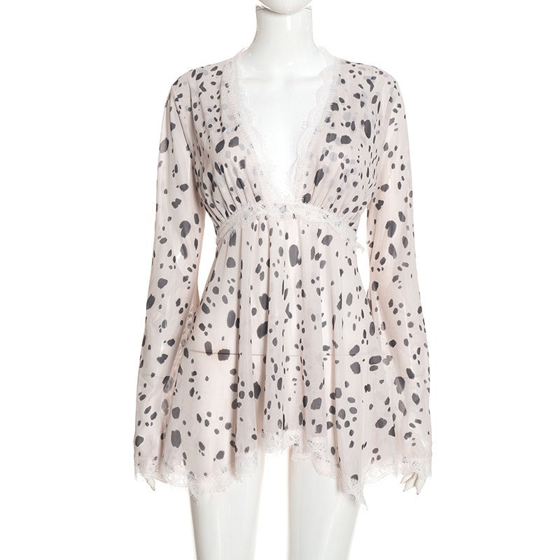 Spotted Lace-Trim Mesh Long Sleeve Top Premium Fabric - product view 6
