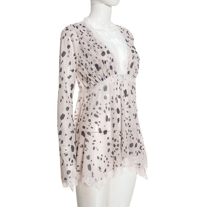 Spotted Lace-Trim Mesh Long Sleeve Top Premium Fabric - product view 2