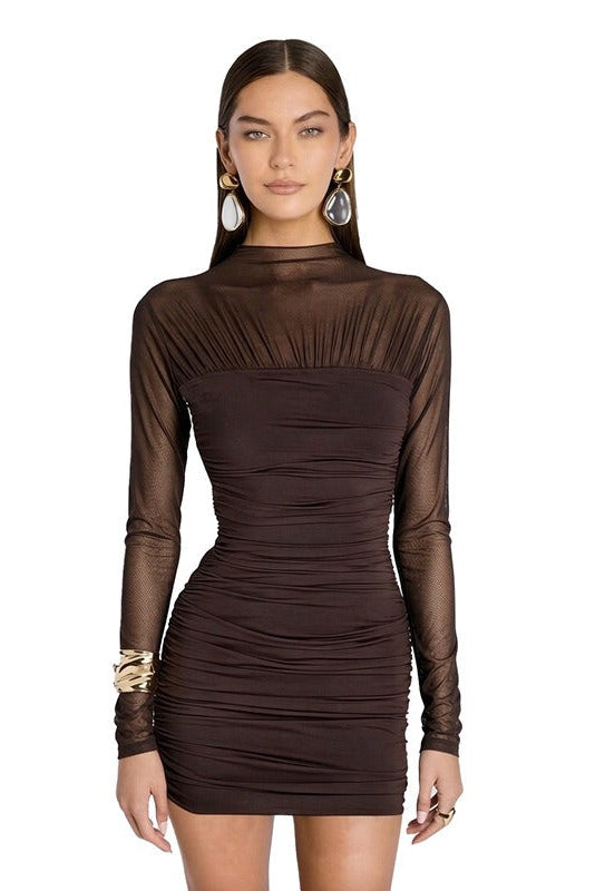 Brown Long Sleeve Ruched Mini Dress Premium Fabric - product view 3