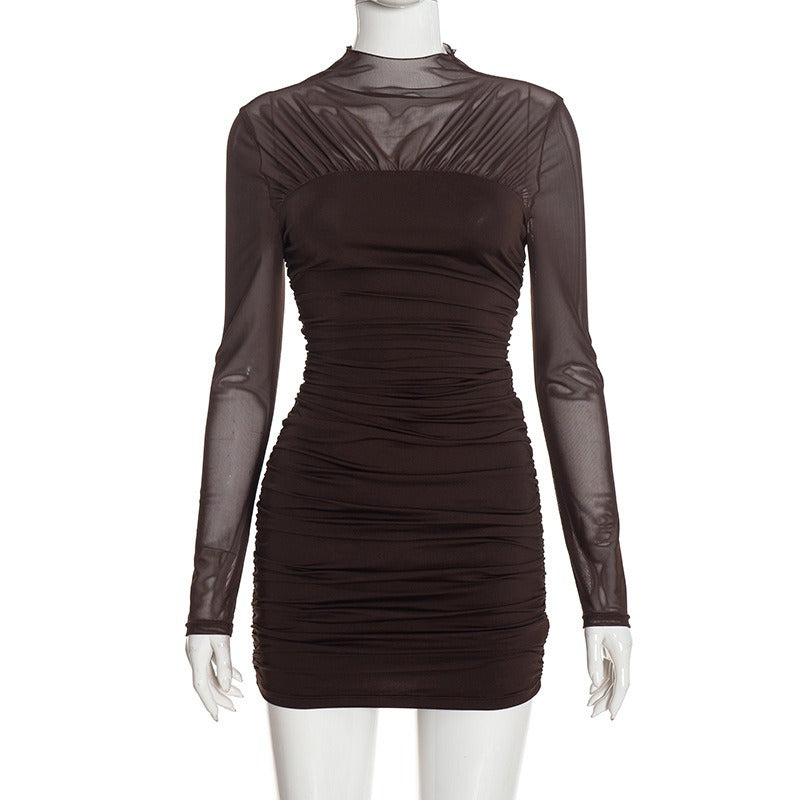 Brown Long Sleeve Ruched Mini Dress Premium Fabric - product view 7