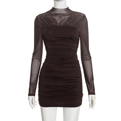 Brown Long Sleeve Ruched Mini Dress Premium Fabric - product view 7