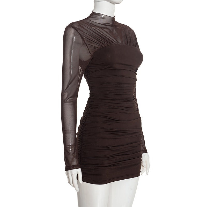 Brown Long Sleeve Ruched Mini Dress Premium Fabric - product view 6