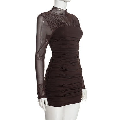 Brown Long Sleeve Ruched Mini Dress Premium Fabric - product view 6