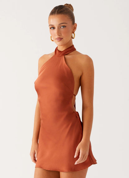 halter backless satin Mini Dress in Rust