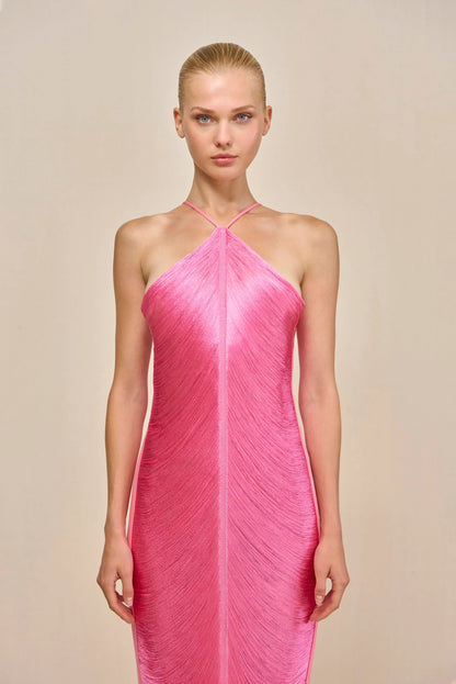 tassel rear slit halterneck dress