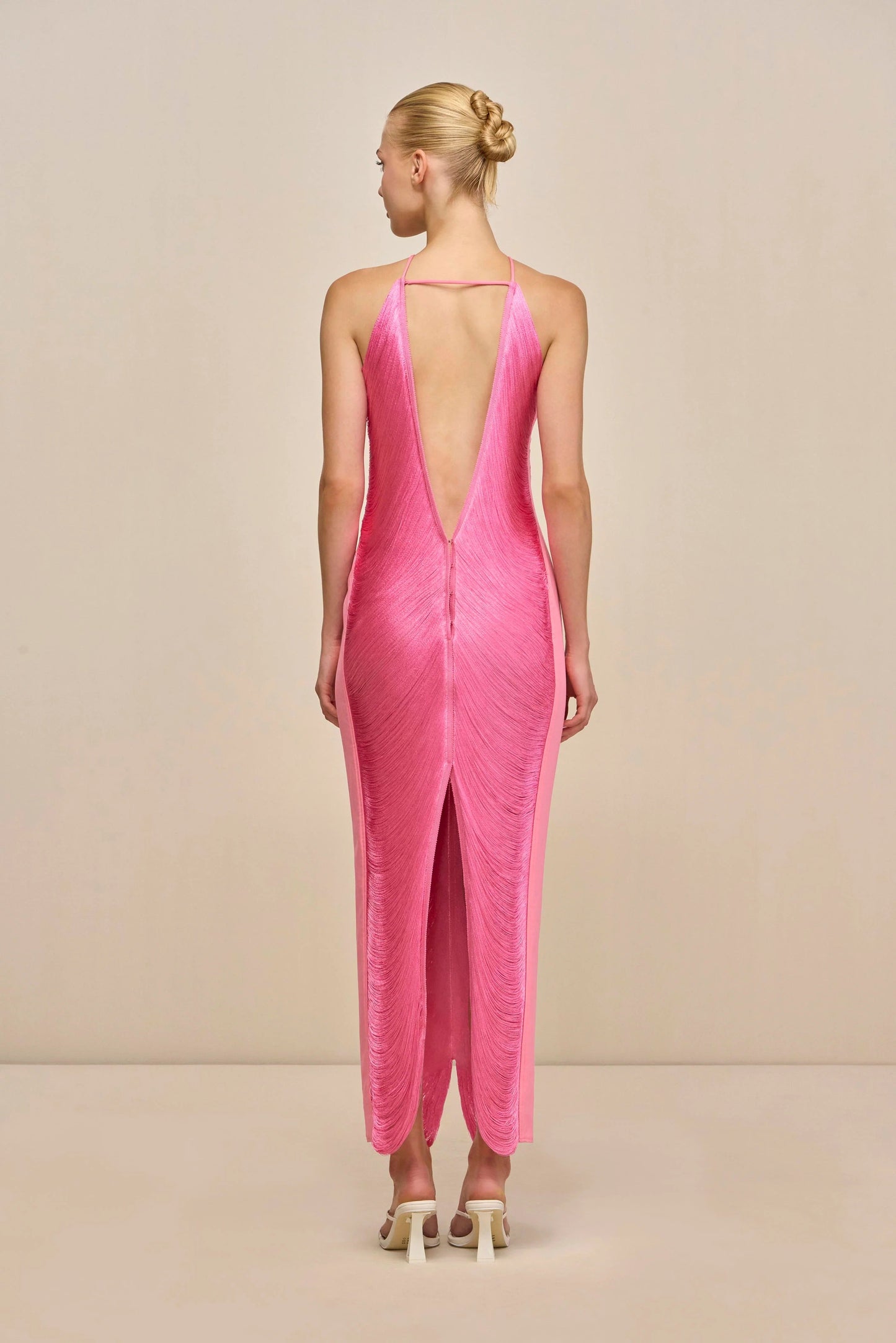 tassel rear slit halterneck dress