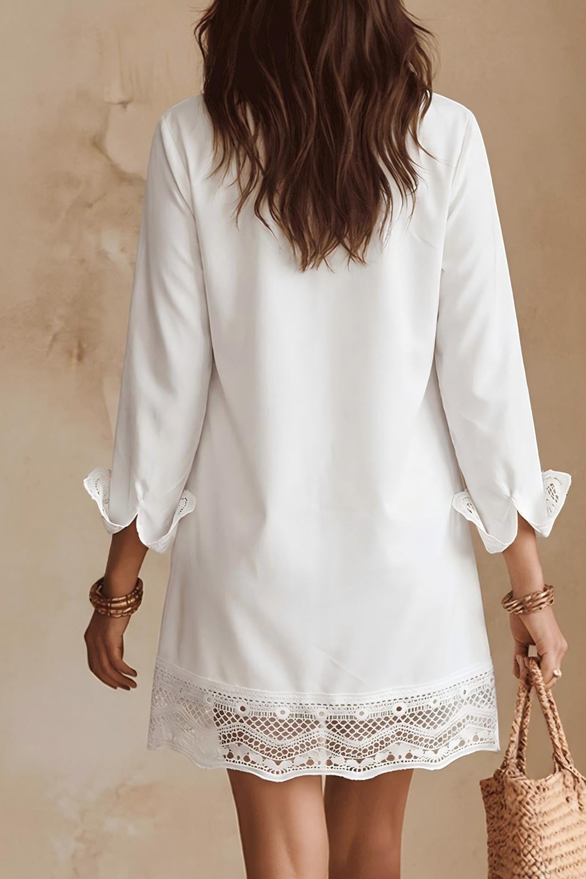 Lace-Trim Long Sleeve Shirt Dress in White Premium Fabric - product view 4