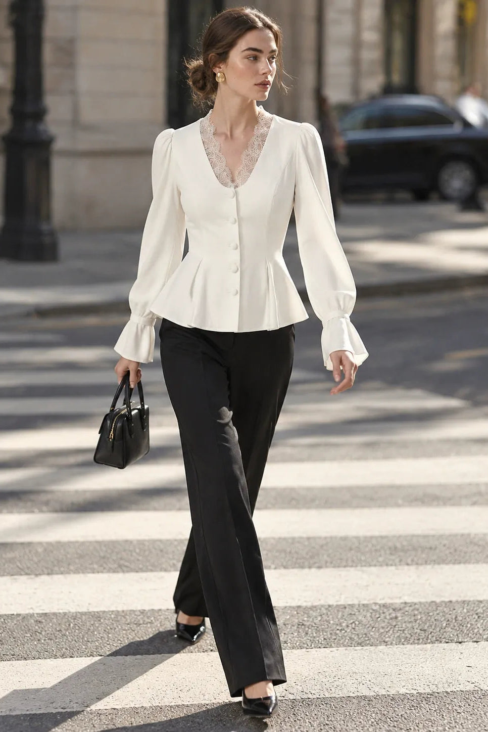 White Lace-Trim Peplum Button-Down Blouse Premium Fabric - product view 4