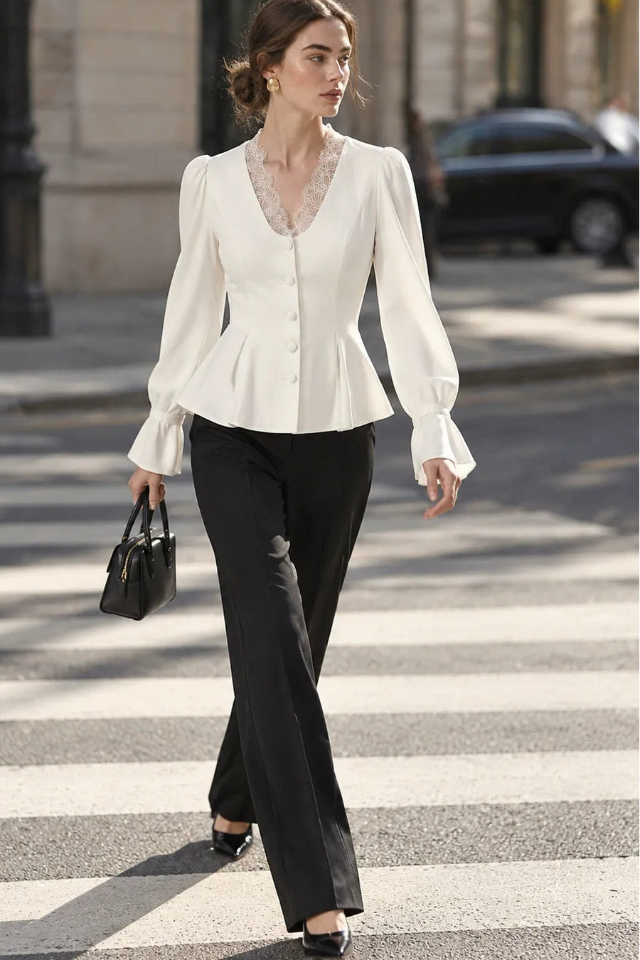 White Lace-Trim Peplum Button-Down Blouse Premium Fabric - product view 4
