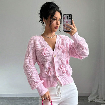 Pink Cable Knit Bow Detail Cardigan Premium Fabric - product view 1
