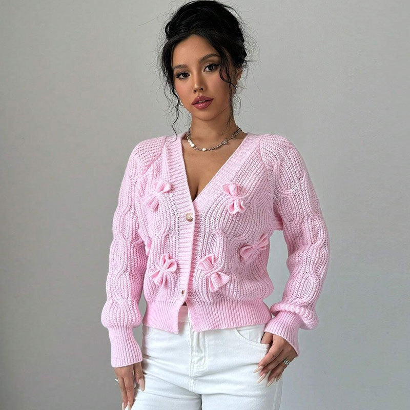 Pink Cable Knit Bow Detail Cardigan Premium Fabric - product view 4