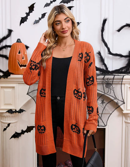 Halloween Pumpkin Knit Long Cardigan - Orange Ribbed Women's Cardigan Premium Fabric - product view 2