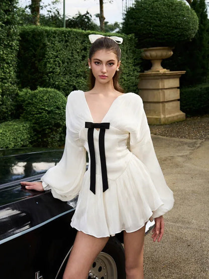 V-Neck Balloon Sleeve Mini Dress with Black Ribbon Detail Premium Fabric - product view 6