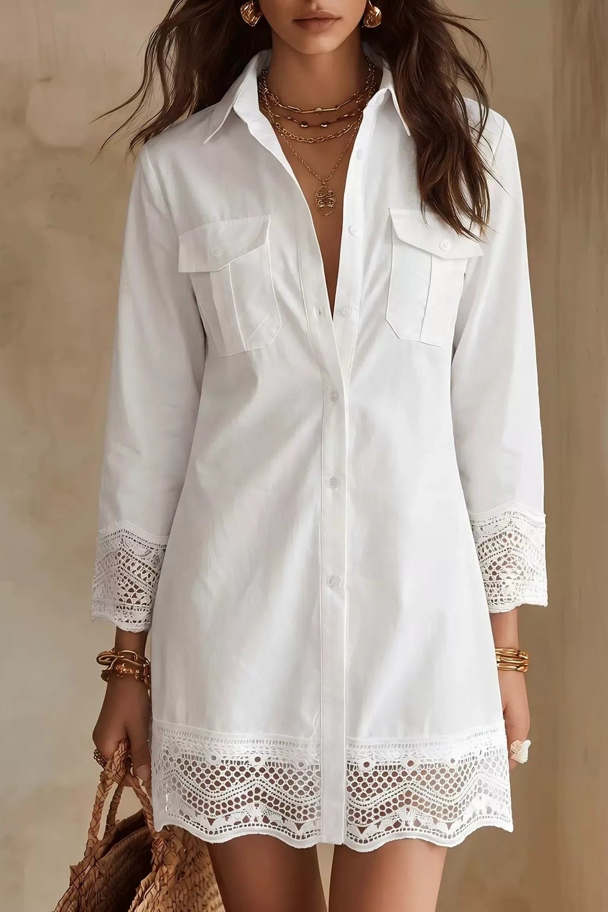 Lace-Trim Long Sleeve Shirt Dress in White Premium Fabric - product view 2
