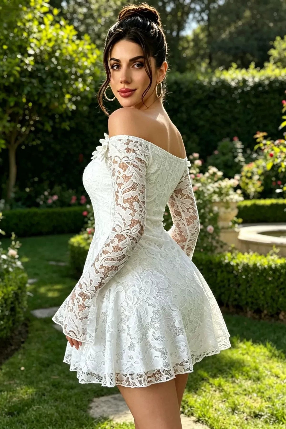 White Lace Off-Shoulder Mini Dress with Floral Appliqué Premium Fabric - product view 6