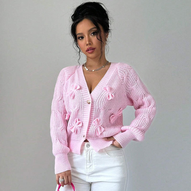 Pink Cable Knit Bow Detail Cardigan Premium Fabric - product view 3