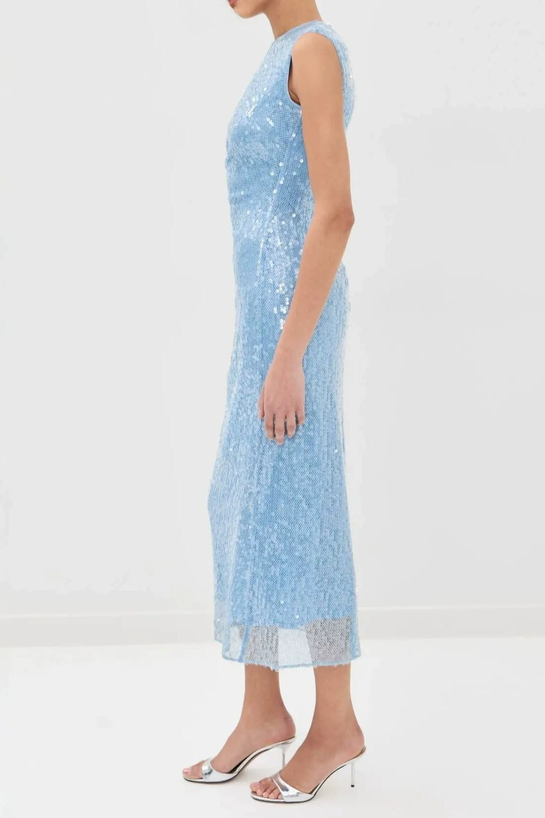 Light Blue Sequin Midi Dress Sleeveless High Neck Premium Fabric - product view 2
