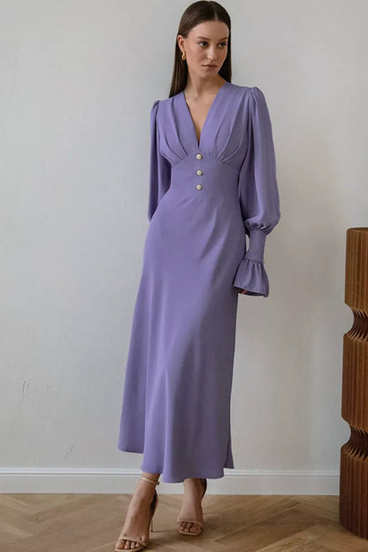 Purple V-Neck Midi Dress with Puff Sleeves Premium Fabric - product view 2