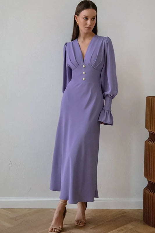 Purple V-Neck Midi Dress with Puff Sleeves Premium Fabric - product view 2