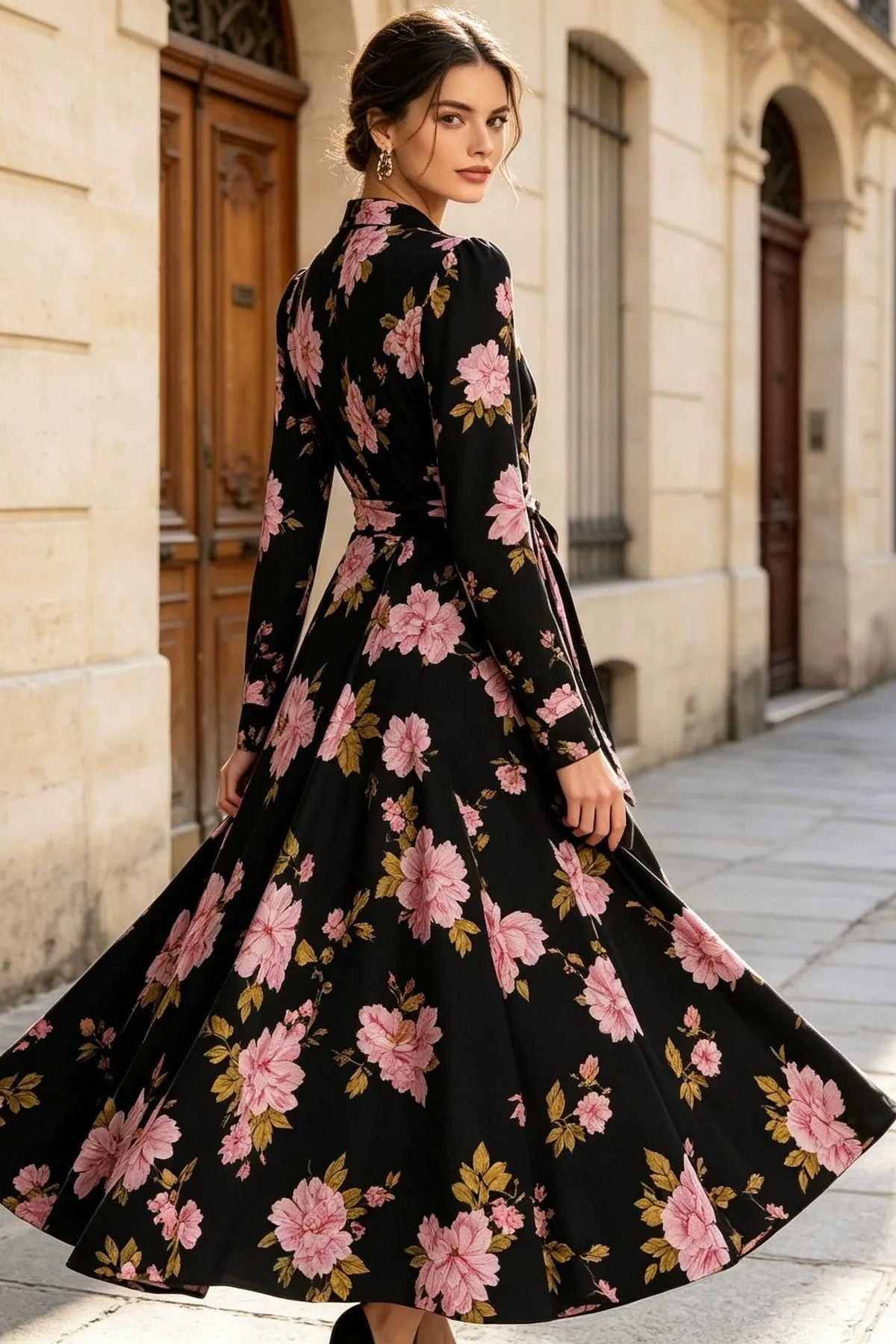 V-Neck Long Sleeve Floral Wrap Maxi Dress Premium Fabric - product view 5