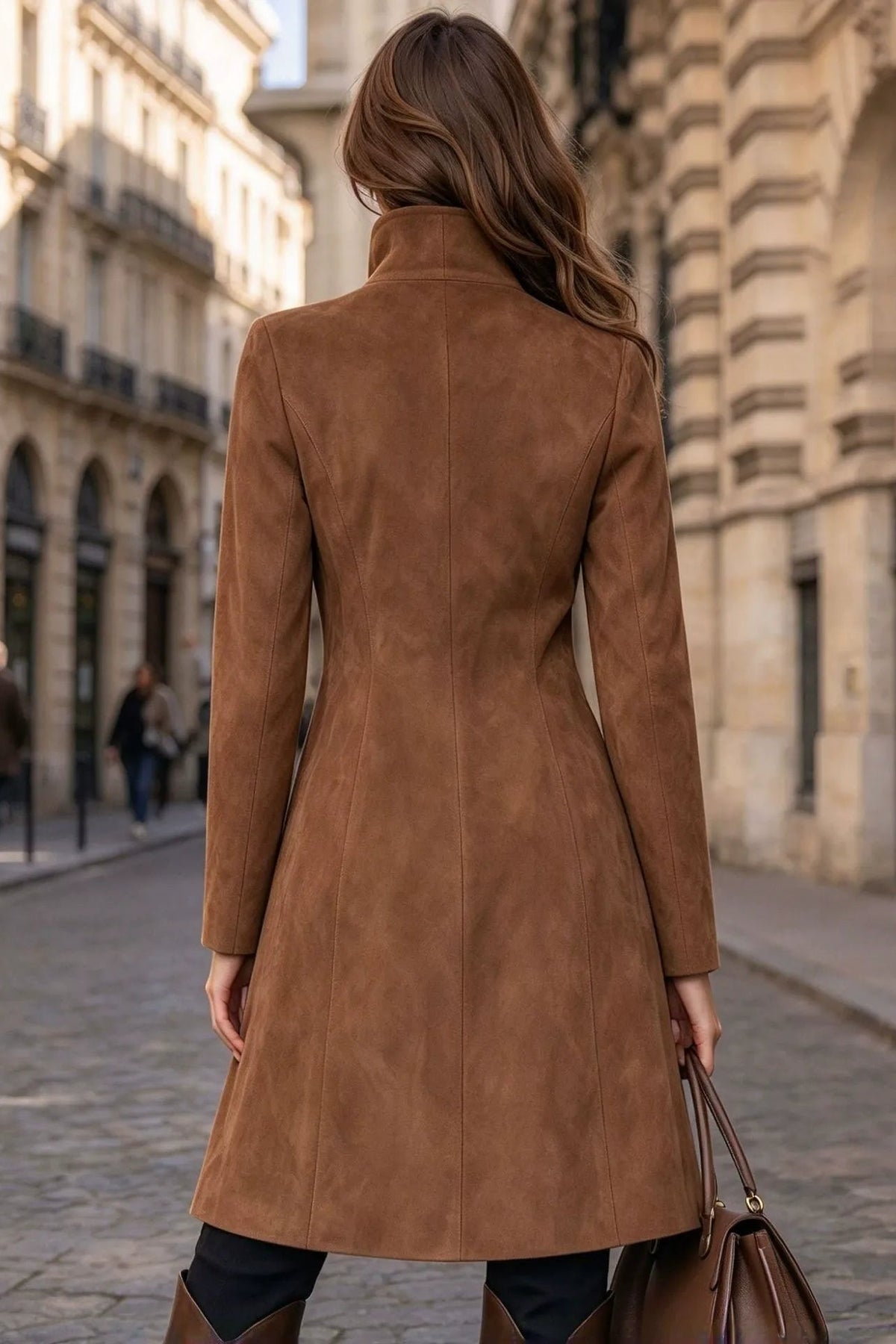 Suede-Feel Stand Collar Coat with Single-Breasted Closure Premium Fabric - product view 2