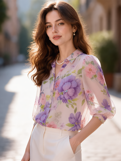 josephine Lapel Floral Printed Chiffon Blouse