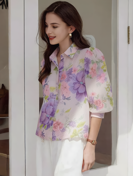 josephine Lapel Floral Printed Chiffon Blouse
