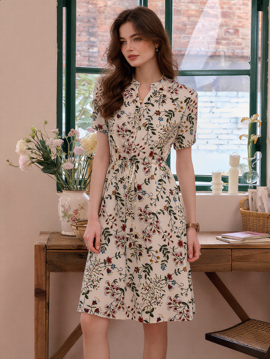 sabrina V-Neck Printed Drawstring Chiffon Dress